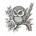 small owl on a branch with flowers for wrist tattoo design idea