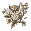 small owl on a branch with flowers for wrist tattoo design idea