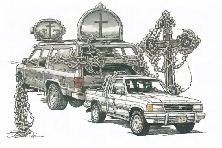 post card with a 1995 ford explorer on it. a rosary hanging on the rearview mirror can be seen. tattoo design idea