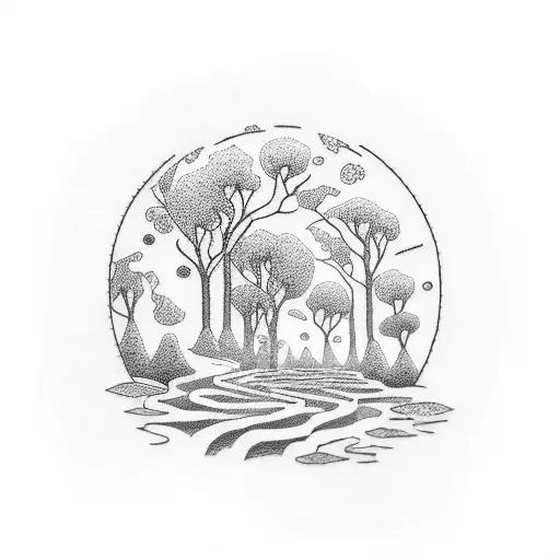 A dotwork tattoo of a serene forest landscape with a winding path leading to an open book under a sunset sky tattoo design idea