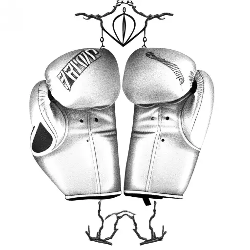 A black-grey tattoo of a pair of boxing gloves hanging from a tree branch, symbolizing the balance between strength and peace tattoo design idea