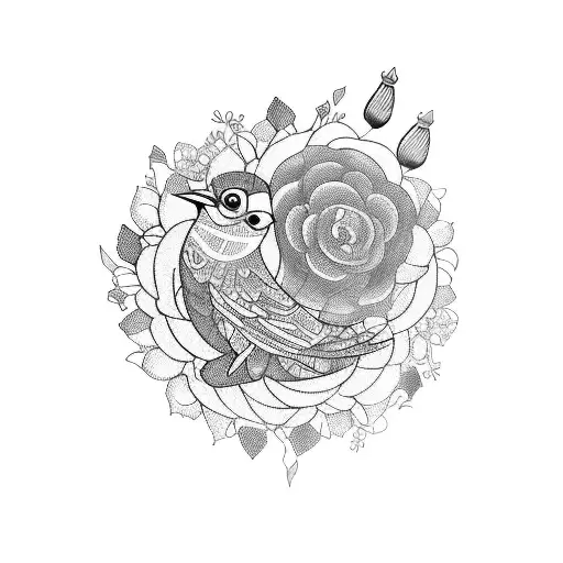 An intricate blackwork tattoo of a stack of books with colorful spines, surrounded by blooming flowers and birds in flight tattoo design idea