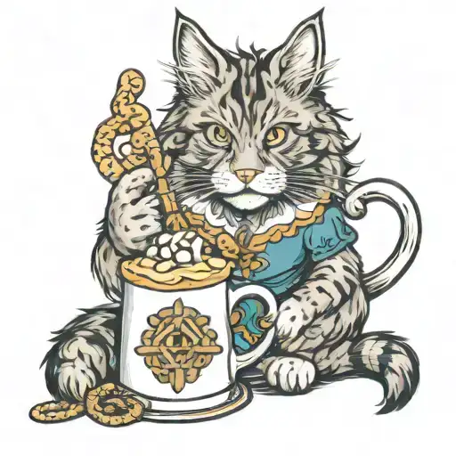 Maine coon wearing dirndl holding mug of beer and pretzel with manatee tail coming out of dress   tattoo design idea