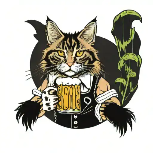 Maine coon wearing dirndl holding mug of beer and pretzel tattoo design idea
