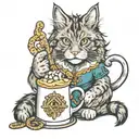Maine coon wearing dirndl holding mug of beer and pretzel with manatee tail coming out of dress   tattoo design idea