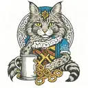 Maine coon wearing dirndl holding mug of beer and pretzel with manatee tail coming out of dress   tattoo design idea