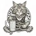 Maine coon wearing dirndl holding mug of beer and pretzel with manatee tail coming out of dress   tattoo design idea