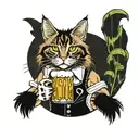 Maine coon wearing dirndl holding mug of beer and pretzel tattoo design idea