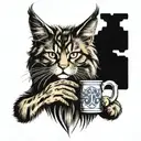 Maine coon wearing dirndl holding mug of beer and pretzel tattoo design idea