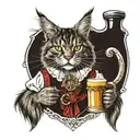 Maine coon wearing dirndl holding mug of beer and pretzel tattoo design idea