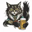 Maine coon wearing dirndl holding mug of beer and pretzel tattoo design idea