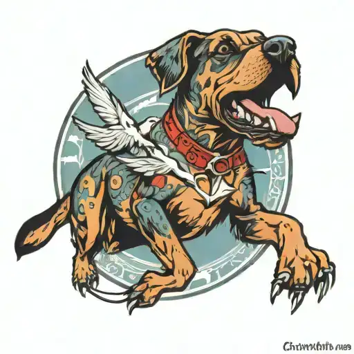 hound dog catching bird flying tattoo design idea