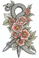 Snake and dagger with flowers color red tattoo design idea