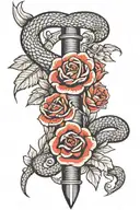 Snake and dagger with flowers color red tattoo design idea