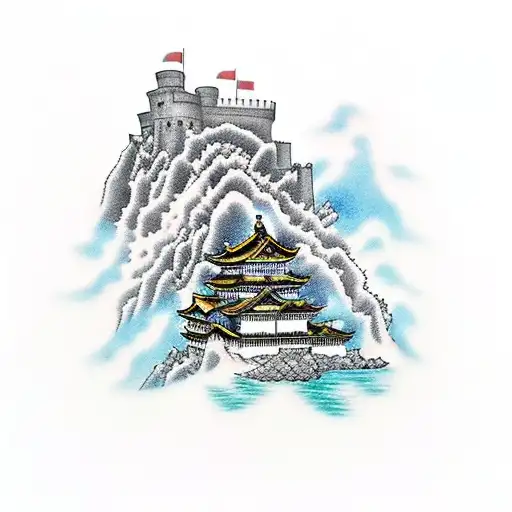 A  tattoo of a fortress on a cliff overlooking the sea, representing the student's fascination with both travel tattoo design idea