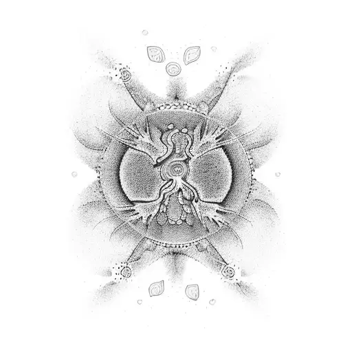 A dotwork tattoo depicting the interconnectedness of nature and psychology, with psilocybe cubensis and intricate neural tattoo design idea