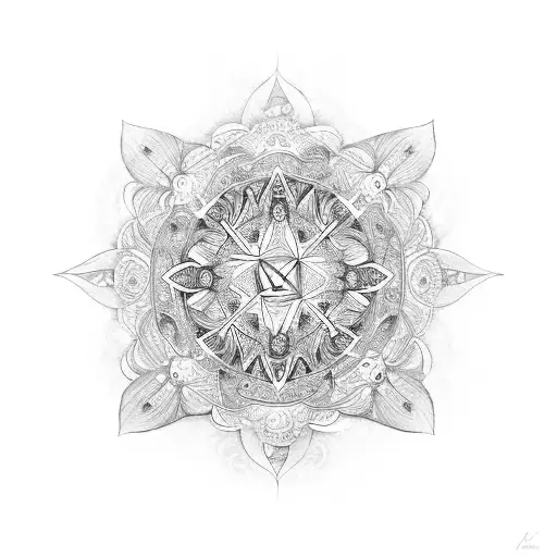 A composition of seraphim angels and psychedelic plants forming a mandala-like pattern tattoo design idea