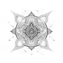 A composition of seraphim angels and psychedelic plants forming a mandala-like pattern tattoo design idea