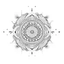 A composition of seraphim angels and psychedelic plants forming a mandala-like pattern tattoo design idea