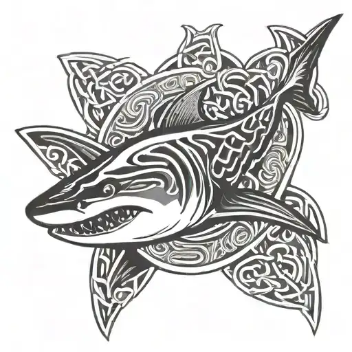 A shark swimming through a Celtic knot in a historical setting tattoo design idea
