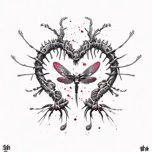ribcage ripped open heart torn out hanging by a noose ink splatter cherry blossom dragonflies pain hatred grief sorrow tattoo design idea