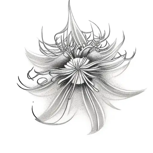 A realistic Japanese temple with red spider lilies scattered around it tattoo design idea