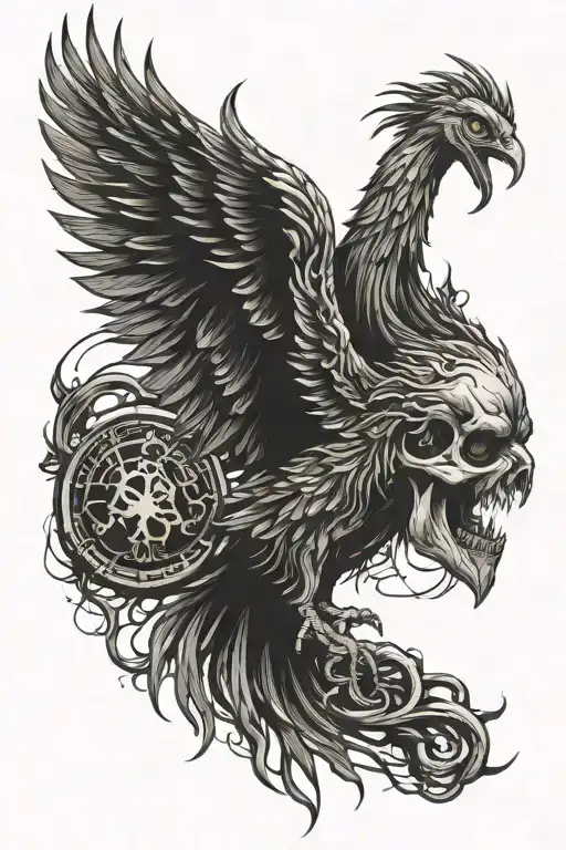 brain heartbeat phoenix bird tattoo design idea