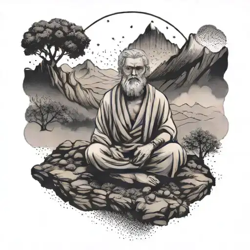 A dotwork tattoo of a stoic philosopher meditating in a mountain landscape tattoo design idea