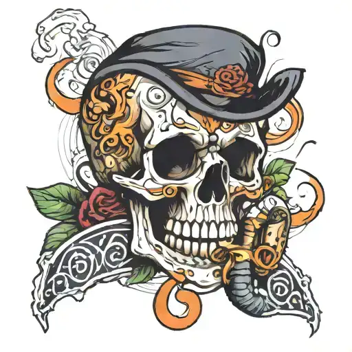 A skull smoking a cigar with musical notes intertwined in the smoke tattoo design idea