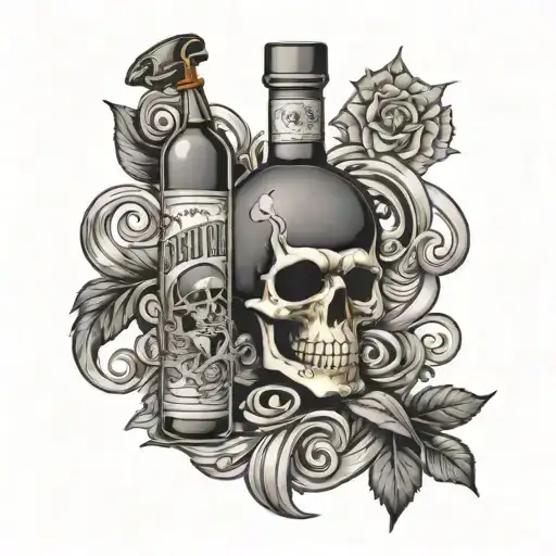 A whiskey bottle with a grateful dead inspired label, surrounded by musical notes and cigar smoke tattoo design idea