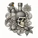 A whiskey bottle with a grateful dead inspired label, surrounded by musical notes and cigar smoke tattoo design idea