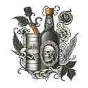 A whiskey bottle with a grateful dead inspired label, surrounded by musical notes and cigar smoke tattoo design idea
