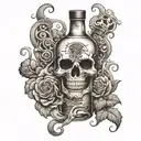 A whiskey bottle with a grateful dead inspired label, surrounded by musical notes and cigar smoke tattoo design idea