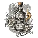 A whiskey bottle with a grateful dead inspired label, surrounded by musical notes and cigar smoke tattoo design idea