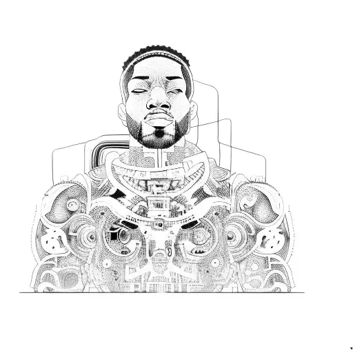 a rapper in blackwork style, with parts of cyborg in his face tattoo design idea