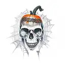 halloween with coffin, pumpkins skulls and spiderwebs tattoo design idea