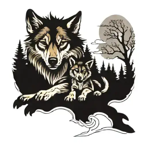 wolf with 3 cubs  tattoo design idea