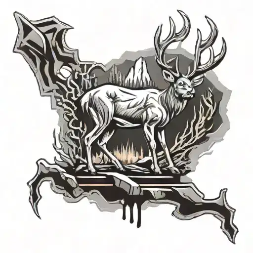 Design a tattoo of a majestic deer standing in a tungsten mine, surrounded by tools and equipment, symbolizing the client's love for hunting and the tungsten industry tattoo design idea
