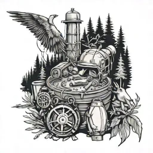 Design a tattoo of a tungsten mine hidden in the woods, with animals and hunting gear scattered around, showcasing the client's love for nature and their occupation tattoo design idea
