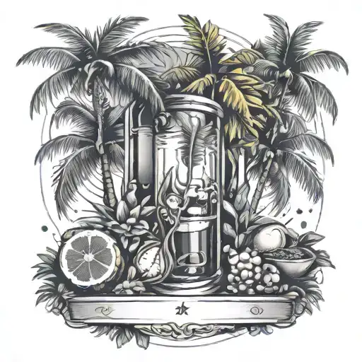 Incorporate Caribbean elements into a tattoo of a tungsten bar, with palm trees and tropical fruits surrounding the establishment, reflecting the client's occupations and passions tattoo design idea