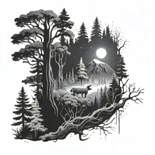 A dense forest landscape with hidden animals and a subtle tungsten element, symbolizing your role in the industry tattoo design idea