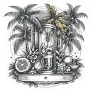 Incorporate Caribbean elements into a tattoo of a tungsten bar, with palm trees and tropical fruits surrounding the establishment, reflecting the client's occupations and passions tattoo design idea