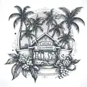 Incorporate Caribbean elements into a tattoo of a tungsten bar, with palm trees and tropical fruits surrounding the establishment, reflecting the client's occupations and passions tattoo design idea