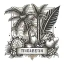 Incorporate Caribbean elements into a tattoo of a tungsten bar, with palm trees and tropical fruits surrounding the establishment, reflecting the client's occupations and passions tattoo design idea