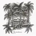 Incorporate Caribbean elements into a tattoo of a tungsten bar, with palm trees and tropical fruits surrounding the establishment, reflecting the client's occupations and passions tattoo design idea