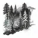 A dense forest landscape with hidden animals and a subtle tungsten element, symbolizing your role in the industry tattoo design idea