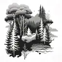A dense forest landscape with hidden animals and a subtle tungsten element, symbolizing your role in the industry tattoo design idea