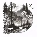 A dense forest landscape with hidden animals and a subtle tungsten element, symbolizing your role in the industry tattoo design idea