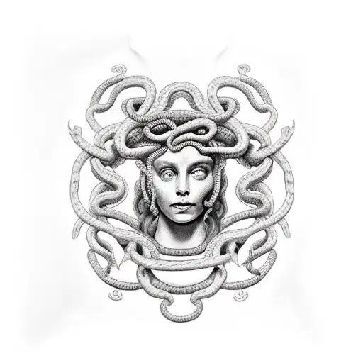 medusa, womans head with snakes hair, tatto on womans upper back tattoo design idea