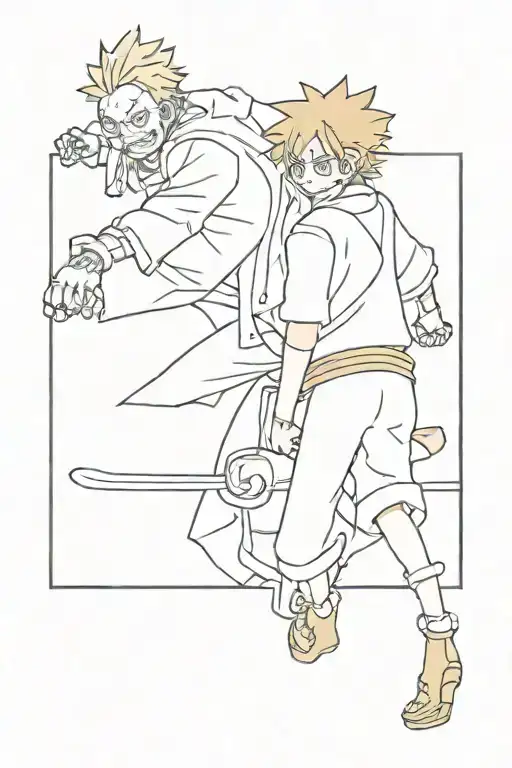 Create a tattoo design featuring a mashup of characters from One Piece and Jujutsu Kaisen in a battle scene tattoo design idea